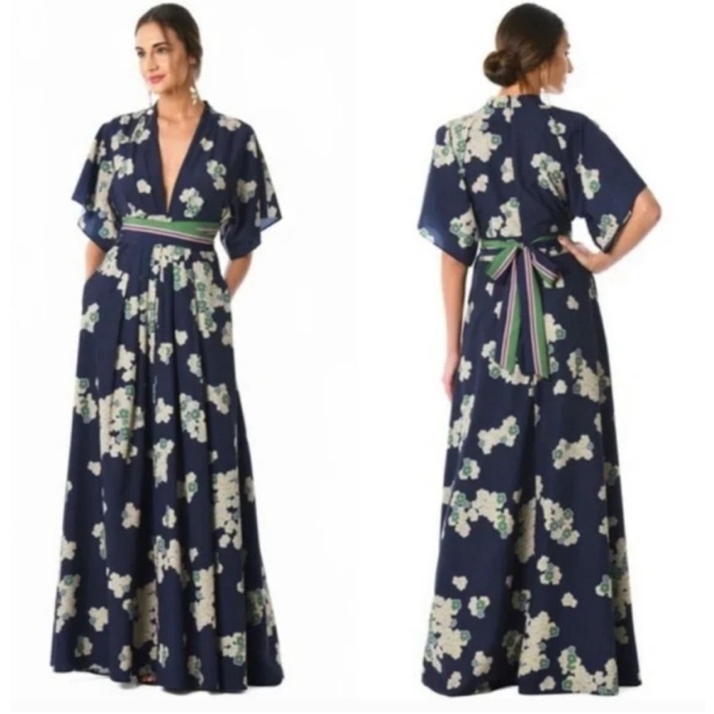 eshakti Navy Floral Maxi Dress with Green-Accent Waist Tie